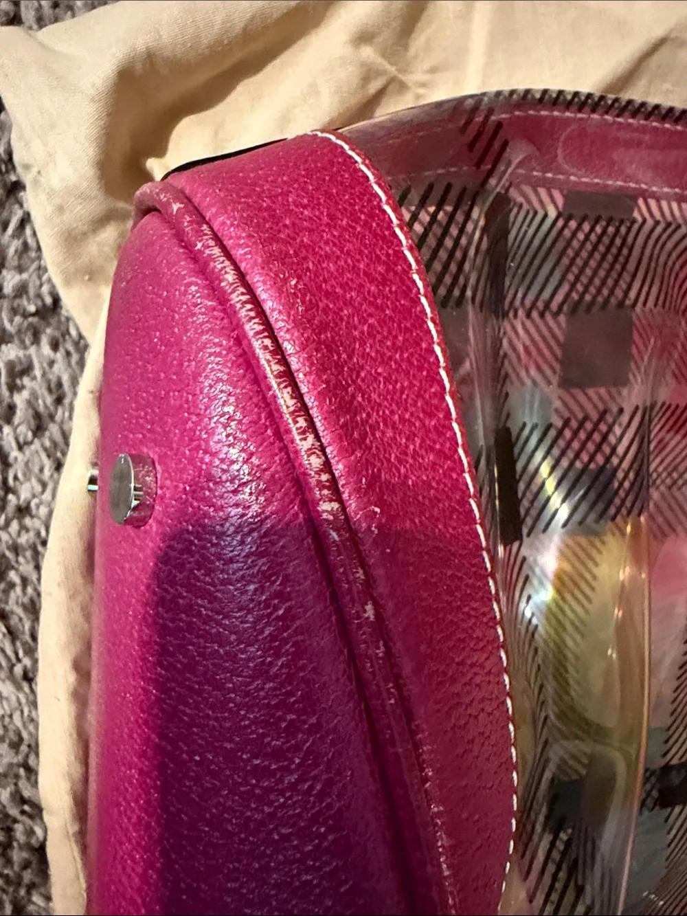 Burberry Pink Transparent Plaid Tote with Gold Rings